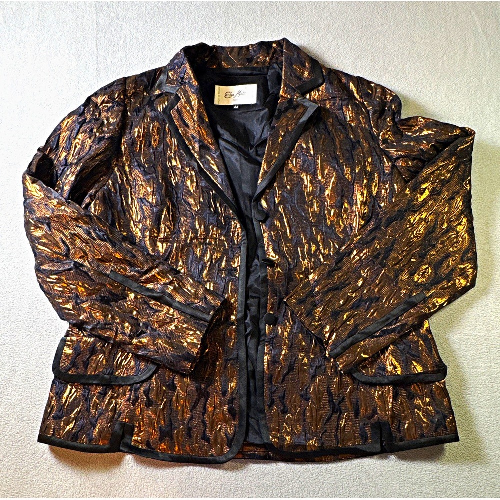 Elsa Mahr Womens EU 44 Black Gold Abstract Silk Blend Lined Button Jacket